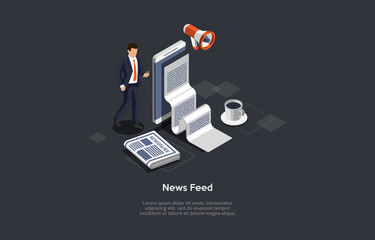 Vector Illustration In Cartoon 3D Style On Dark Background With Text. Isometric Composition Of News Feed Concept With Objects And Character. Businessman Near Big Telephone With Newspaper On Screen