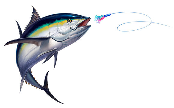 Black fin tuna attacks Bait Sea Swim Squids realistic illustration. Black fin yellow tuna in a jump.