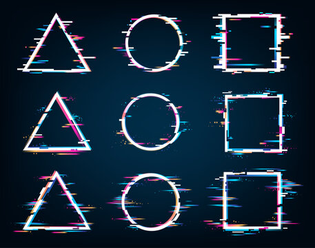 Vector geometric shapes frames with glitch effect. Circle, square, triangle. TV false or spurious electronic signal.