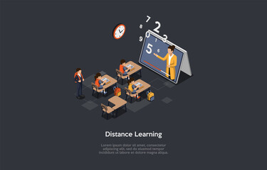 Distance Learning Concept Vector Illustration In Cartoon 3D Style. Isometric Composition With Characters. Classroom Interior With Desks, Children Students Sitting, Big Tablet With Teacher On Screen