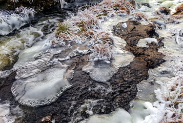 Fast river with ice in late autumn
