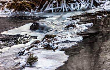 Fast river with ice and snow in late autumn