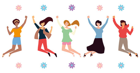 womens day, happy group female character celebrating