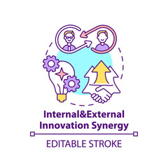 Internal and external innovation synergy concept icon. Open innovation benefits idea thin line illustration. Improvement to product, service. Vector isolated outline RGB color drawing. Editable stroke