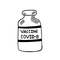 Covid-19 vaccine doodle, a hand drawn vector doodle illustration of a bottle of coronavirus vaccine isolated on white background. Drug ampoule, Vaccination concept with space for text.