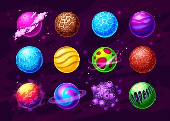 Fototapeta na wymiar Fantasy planets, alien worlds in deep space cartoon set. Frozen and hot, covered water, ice and lava planets with satellites, asteroid with rocky surface vector icon. UI, GUI interface design elements