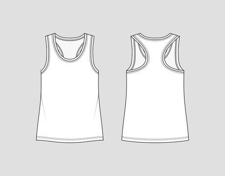Racer back tank top. Women's sportswear. Activewear t-shirt. Vector technical sketch. Mockup template.