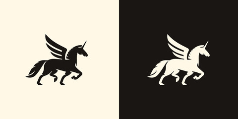 Unicorn logo design, unicorn logo ideas premium vector.  silhouette of a full-body unicorn vector illustration with minimal art. © MintArt