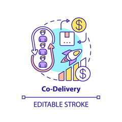 Co-delivery concept icon. Co-production element idea thin line illustration. Bringing product from concept through market release. Vector isolated outline RGB color drawing. Editable stroke
