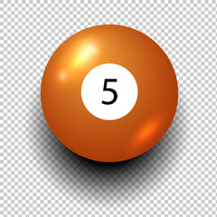 Stock vector of billiard ball number 5. Orange color. Isolated wind object on transparent background