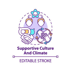 Supportive culture and climate concept icon. Co-design idea thin line illustration. Positive workplace culture. Improving teamwork. Vector isolated outline RGB color drawing. Editable stroke