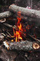 Orange campfire beautifully laid out logs around