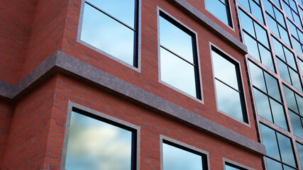 skyscraper facade building office workplace blue windows red bricks finance 3D illustration