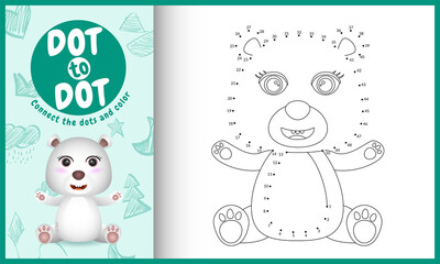 Connect the dots kids game and coloring page with a cute polar bear character illustration
