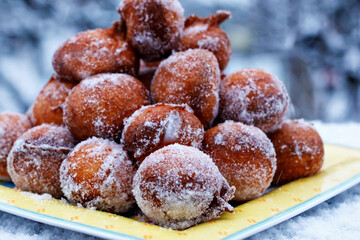 Freshly made donuts from cottage cheese with sugar. German traditional carnival sweet food called...