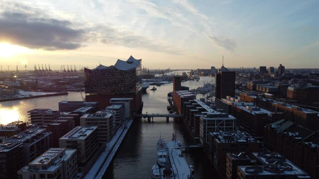Hafencity in Winter Hamburg shot by drone