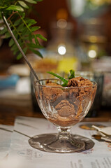 chocolate ice cream with kerob in a glass bowl on a blurred background with a plant, vertical