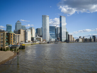 River Thames and Canary Wharf skyline, London, UK