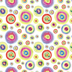 Seamless watercolor pattern for girls. Creative background with abstract forms and colorful circles. Hand drawn Funny wallpaper for textile and fabric. Fashion style in neon colors