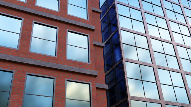 red brick and glass two building office towers skyscraper 3D illustration