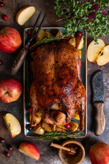 Homemade crispy whole roast duck. Thanksgiving or Christmas Dinner.