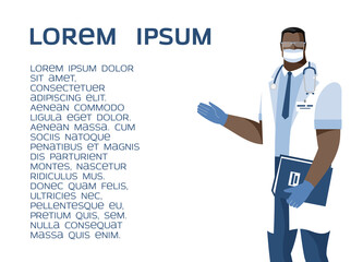 A doctor wearing a protective mask and gloves points out medical prescriptions and recommendations. Concept on the topic of medicine, health care. Vector illustration