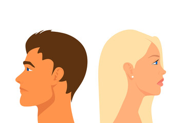 Divorce Couple. Sad Man and Woman Portrait Closeup Isolated on White Background. People are Turned Away From Each Other. Quarrel, Scandal, Relationship Problems Concept. Stock Vector Illustration