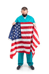 Doctor With Face Mask Holds American Flag