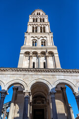 Fototapeta na wymiar View of St. Domnius Tower in Split, Croatia with a beautiful blue sky