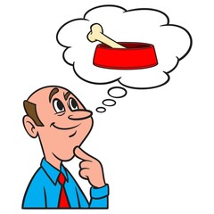 Thinking about a Dog Bone and Bowl - A cartoon illustration of a man thinking about a pet dog.