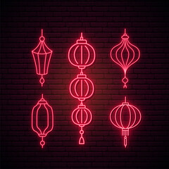 Neon Chinese lanterns set on brick background. Glowing red Chinese lanterns collection. Stock vector illustration.