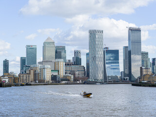 River Thames and Canary Wharf skyline, London, UK