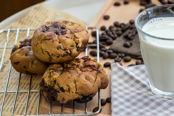 Oatmeal cookies on table. Chocolate chip cookies. Healthy food and drink and natural diet food. Cookie Almond and Cashew nuts.
