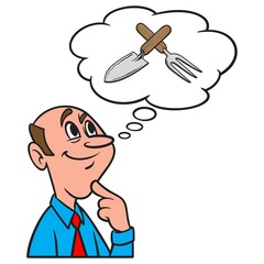 Thinking about a Garden Shovel - A cartoon illustration of a man thinking about getting a new Garden Shovel.