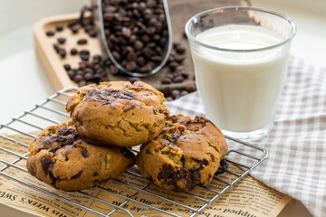 Oatmeal cookies on table. Chocolate chip cookies. Healthy food and drink and natural diet food. Cookie Almond and Cashew nuts.