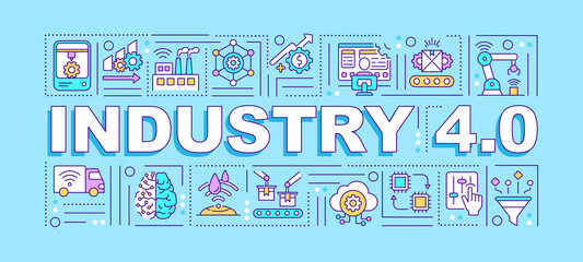 Industry 4.0 word concepts banner. Connection and addressing via IoT. Infographics with linear icons on blue background. Isolated typography. Four revolution. Vector outline RGB color illustration