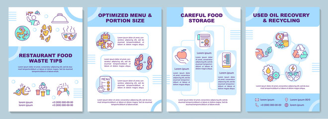 Restaurant food waste tips brochure template. Optimized menu. Flyer, booklet, leaflet print, cover design with linear icons. Vector layouts for magazines, annual reports, advertising posters