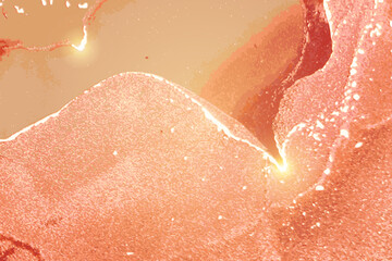 Fototapeta premium Peach pink and gold pattern with texture of marble and sparkles. Abstract vector background in alcohol ink technique. Modern paint with glitter. Template for banner, poster design. Fluid art painting