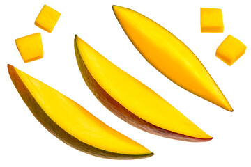 fresh sliced mango isolated on white background. exotic fruit. clipping path. top view