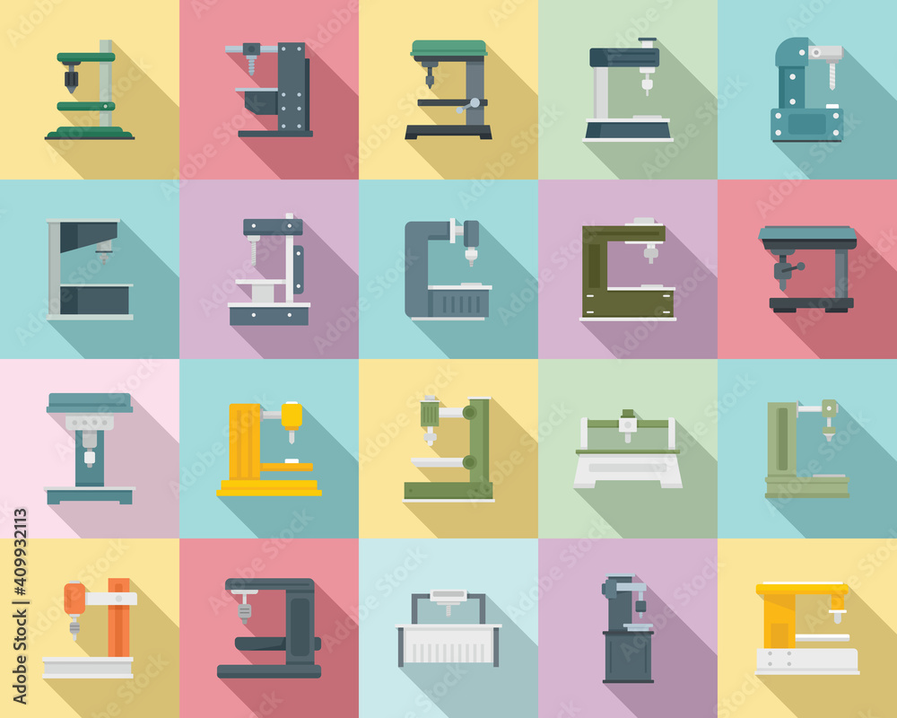 Poster milling machine icons set. flat set of milling machine vector icons for web design
