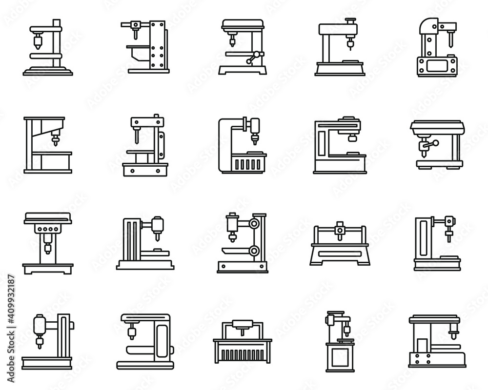 Poster milling machine device icons set. outline set of milling machine device vector icons for web design 