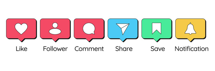 Social media bubbles with icons such as Like, Follower, Comment, Share, Save and Notification