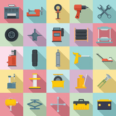 Tire fitting icons set. Flat set of tire fitting vector icons for web design