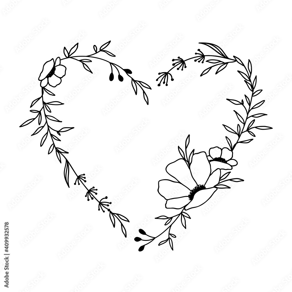 Wall mural Hand drawn floral heart frame wreath on white background