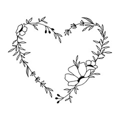 Hand drawn floral heart frame wreath on white background - 409932578