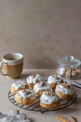 Sweet cinnamon buns with glaze. Pastries. Breakfast.