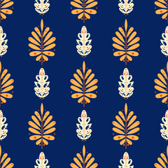 Seamless blue background with orange leaves. Vector illustration. Beautiful bright pattern. Vegetable patterns.