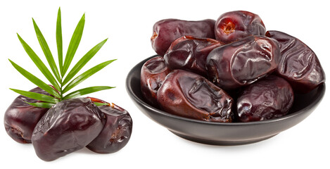 date fruits with green leaves isolated on white background. clipping path.