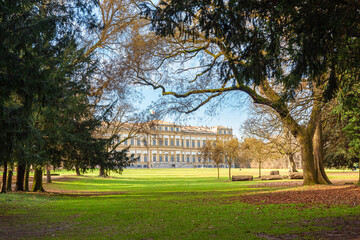 The elegant Villa Reale in Monza, Italy, with its gardens made of green grass and ancient trees....