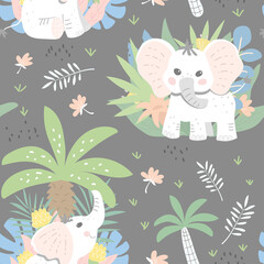 Seamless childish patter with baby elephants in the jungle. Dark background. Good for textiles, fabrics, wallpaper. Flat design, vector illustration